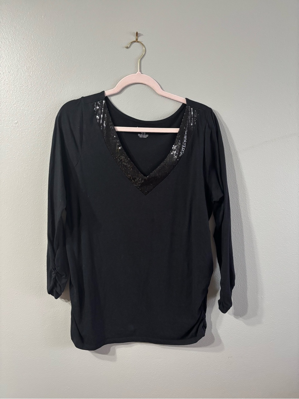 Lane Bryant Black V-Neck Sequin Trim Long Sleeve Top 22-23” Ptp